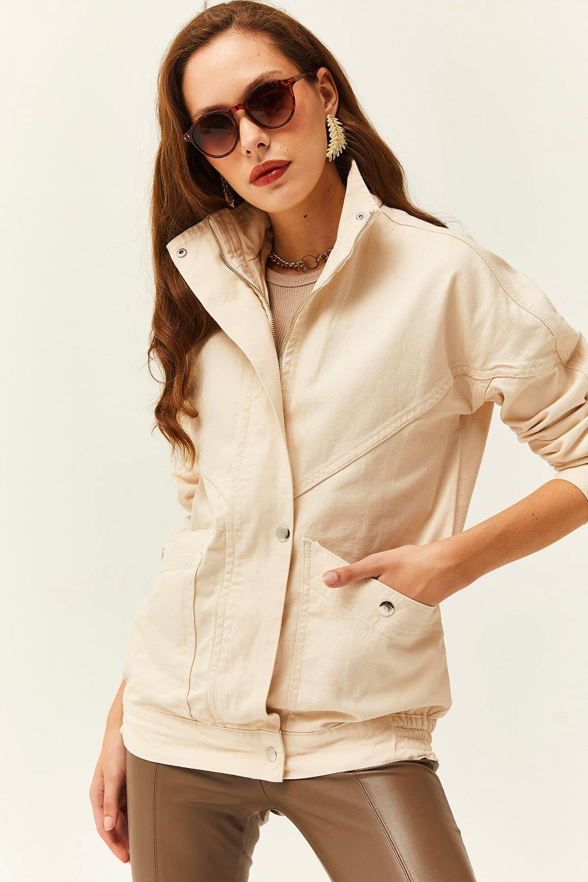 Cepli Fermuarlı Çıtçıtlı Uzun Denim Ceket Taş