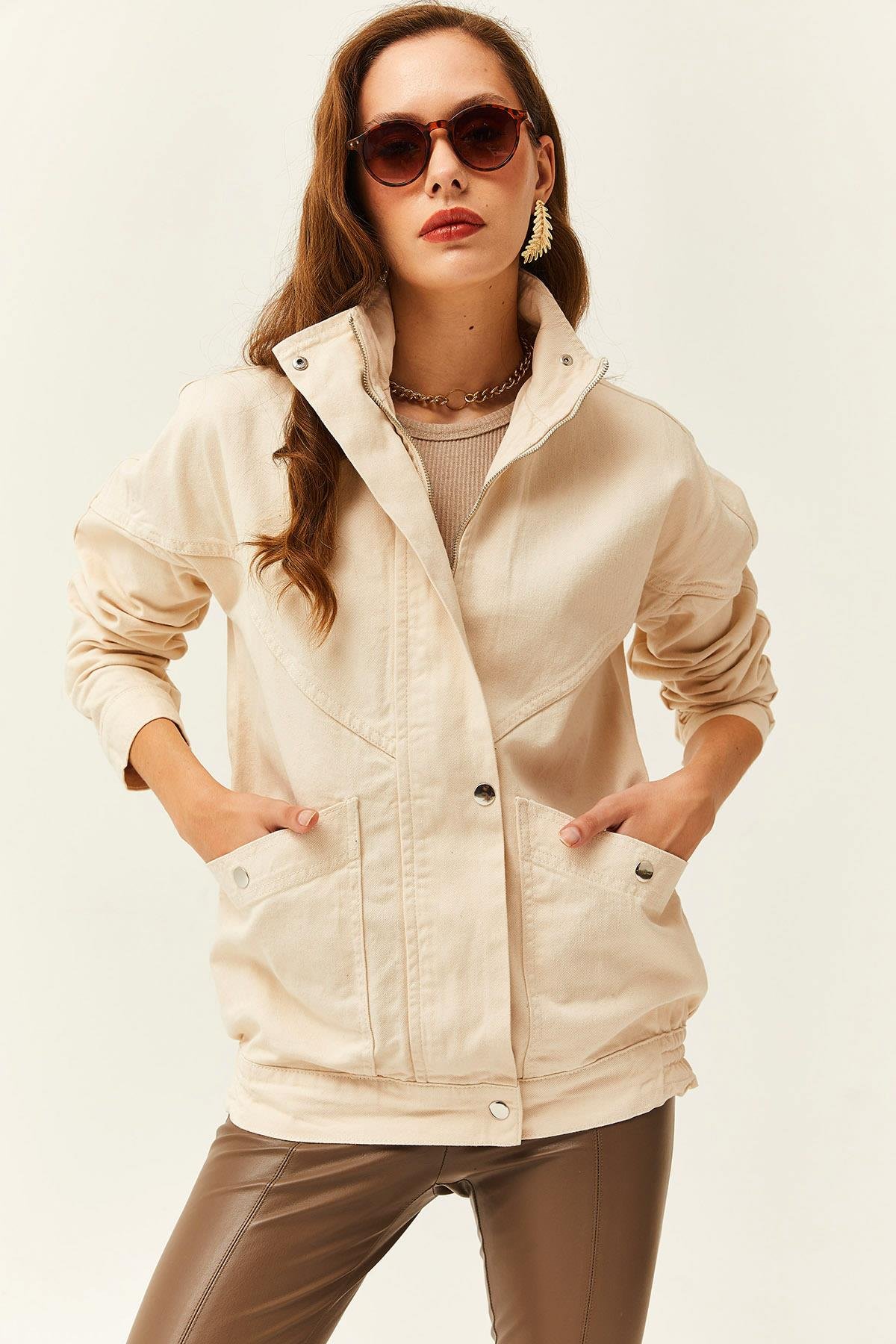 Cepli Fermuarlı Çıtçıtlı Uzun Denim Ceket Taş