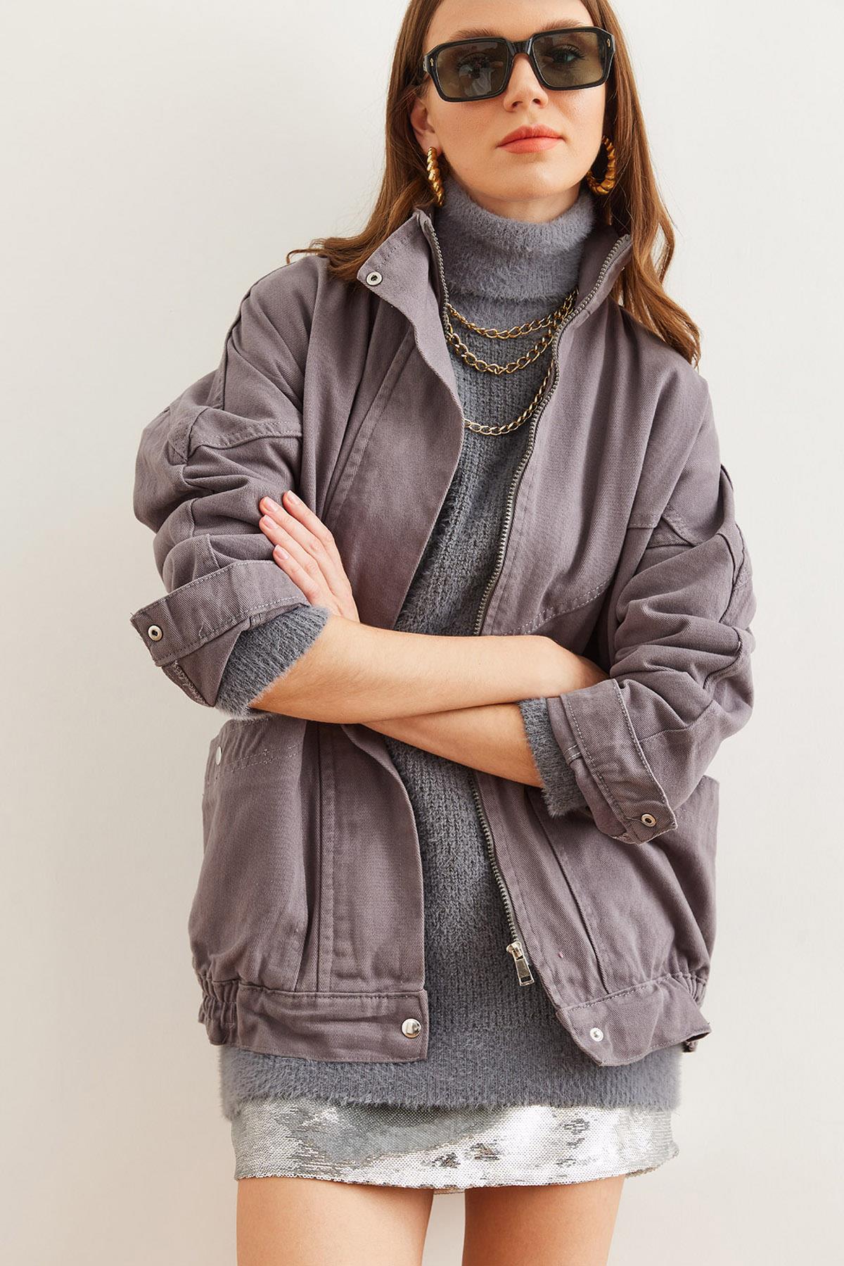 Cepli Fermuarlı Çıtçıtlı Uzun Denim Ceket Gri