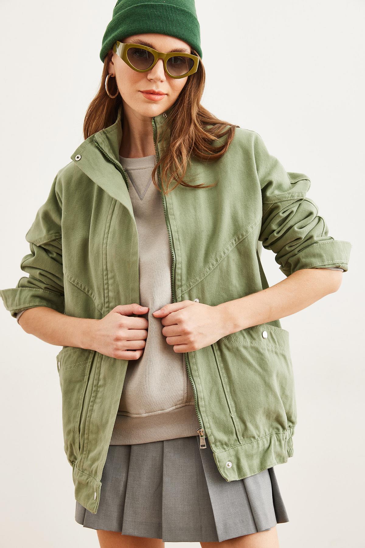 Cepli Fermuarlı Çıtçıtlı Uzun Denim Ceket Haki