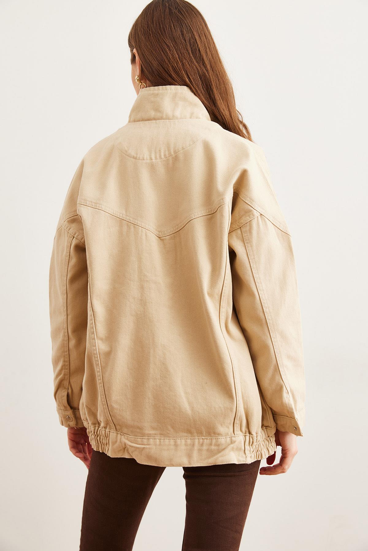 Cepli Fermuarlı Çıtçıtlı Uzun Denim Ceket Bej