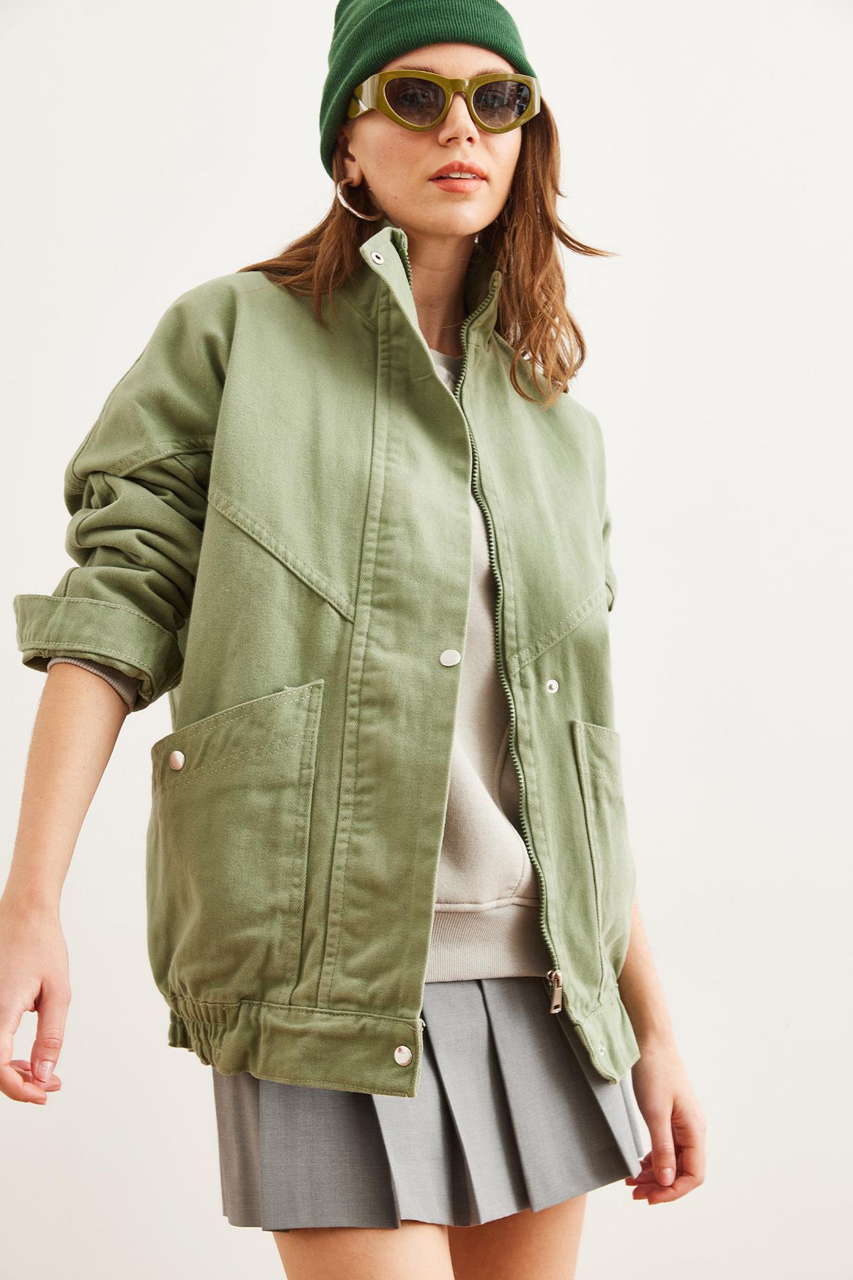 Cepli Fermuarlı Çıtçıtlı Uzun Denim Ceket Haki