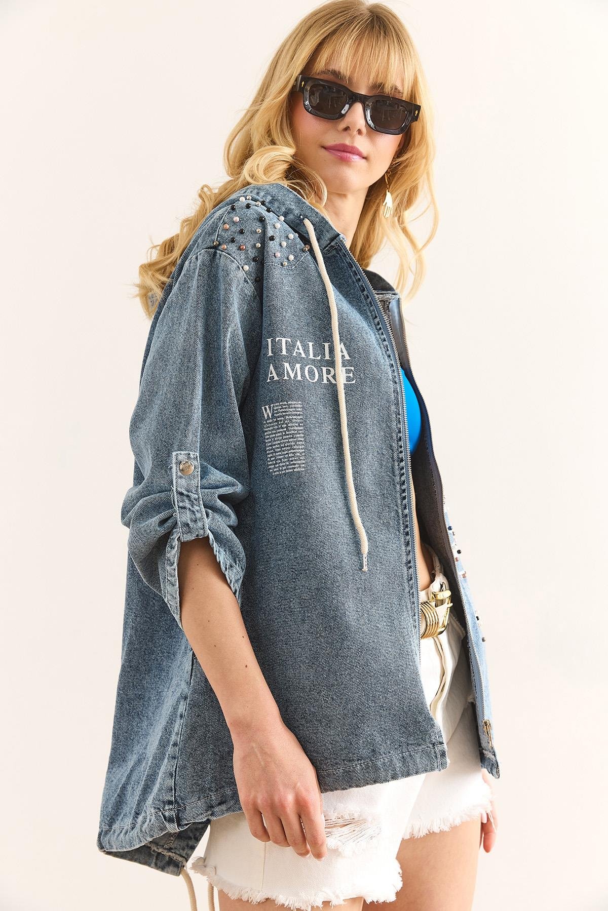 Cepli Kapüşonlu Garnili Oversize Denim Ceket Açık Mavi