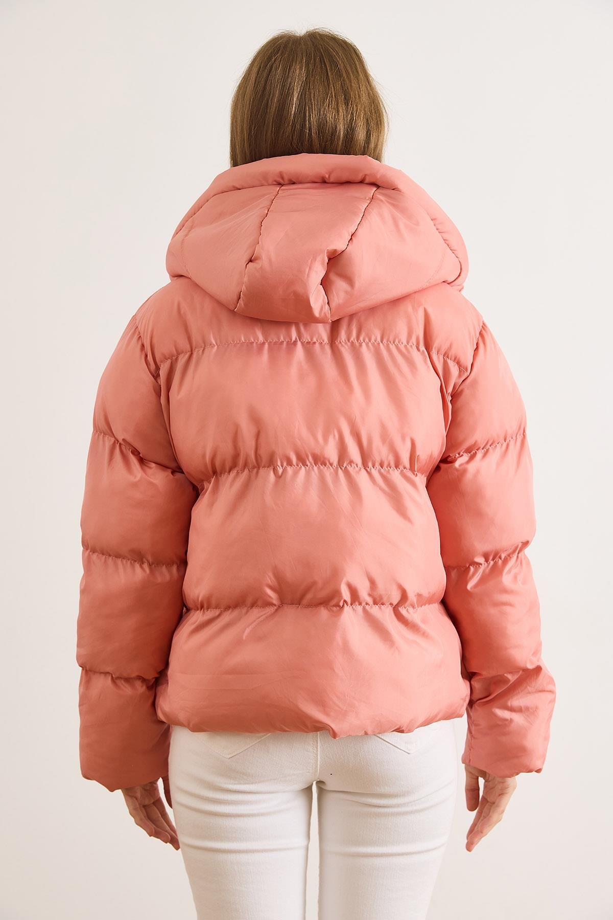 Cepli Kapüşonlu Şişme Kaban Gül Kurusu