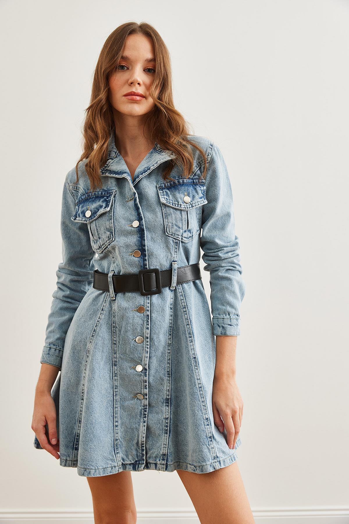 Cepli Kemerli  Kalın Denim Elbise Mavi