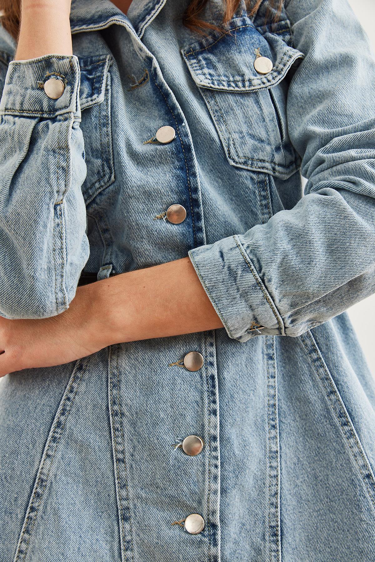 Cepli Kemerli  Kalın Denim Elbise Mavi