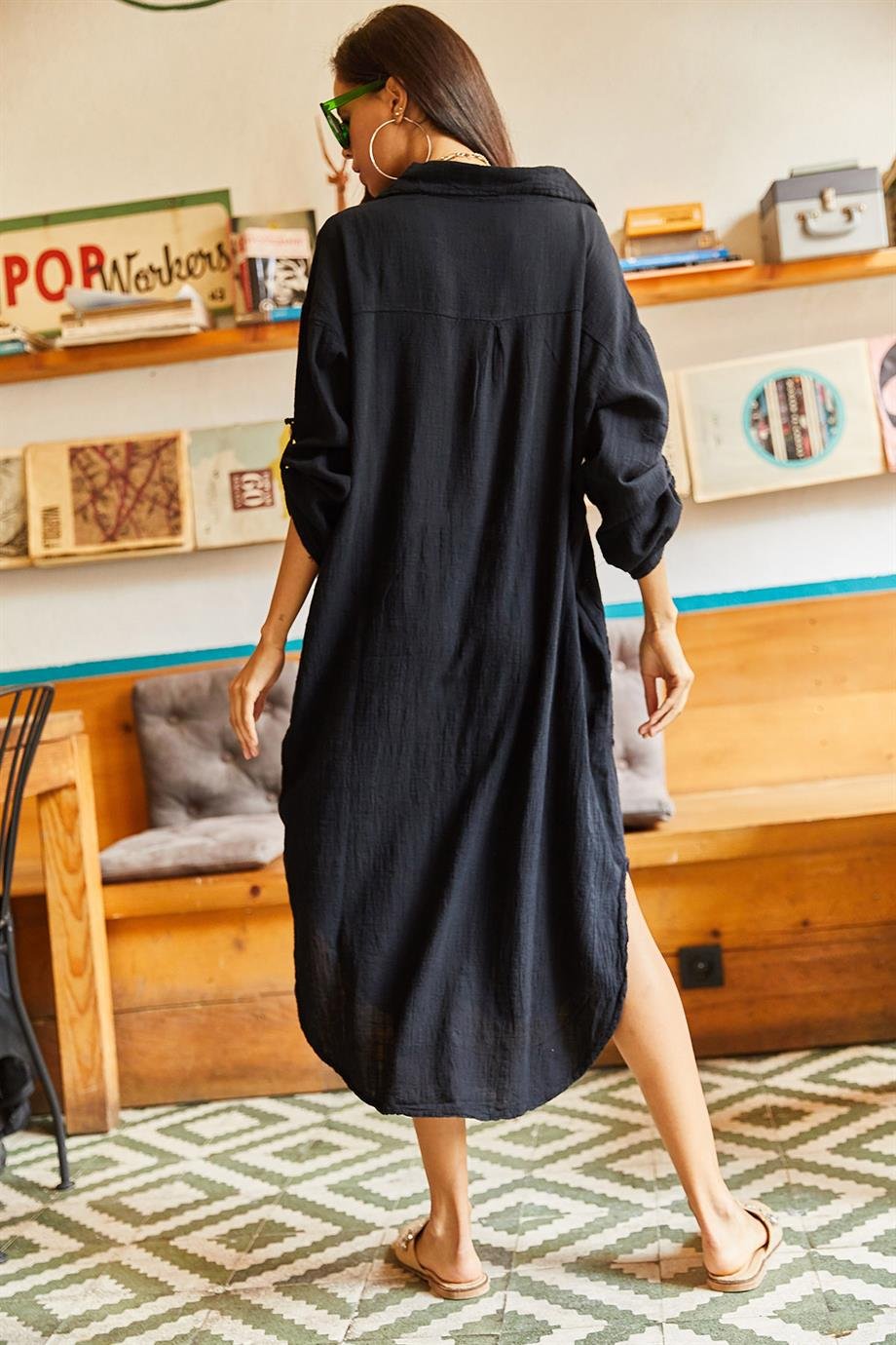 Cepli Kol Katlamalı Oversize Keten Elbise Siyah