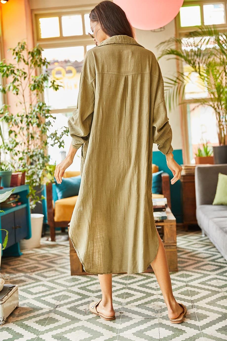 Cepli Kol Katlamalı Oversize Keten Elbise Haki