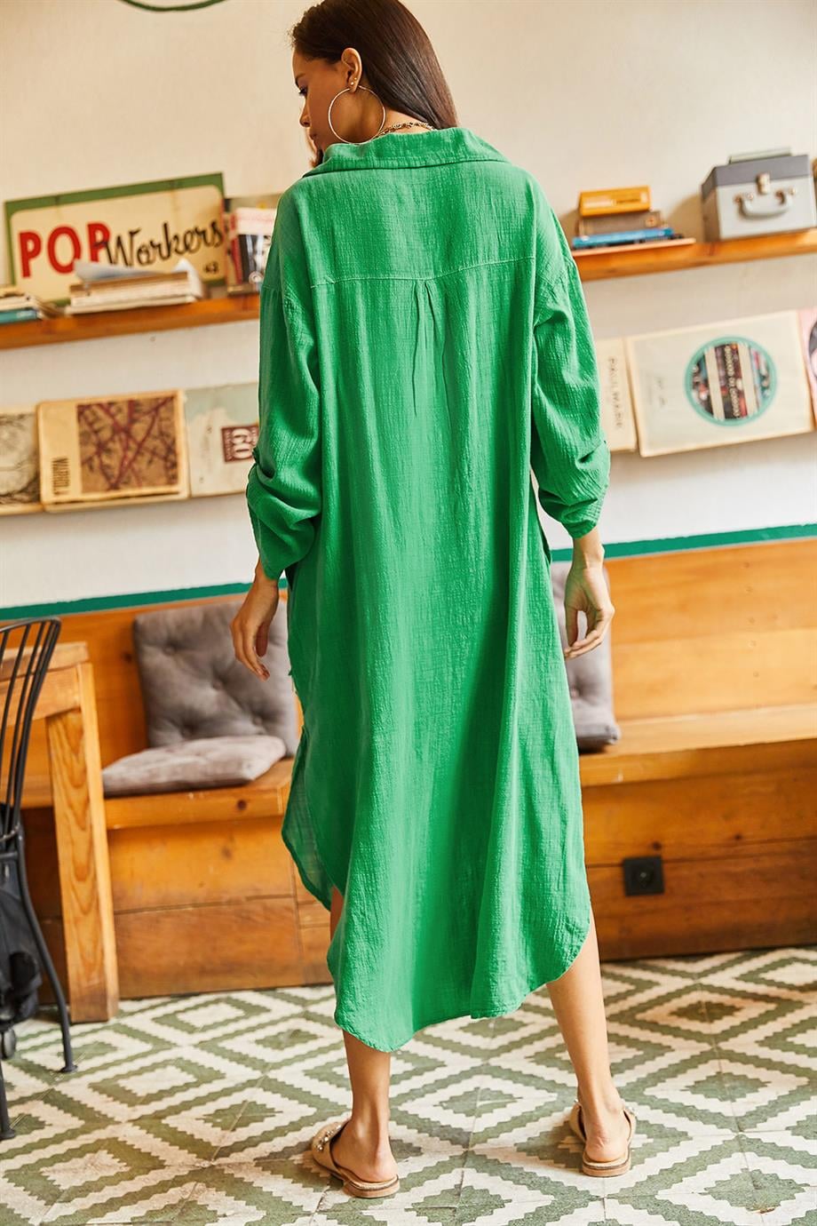 Cepli Kol Katlamalı Oversize Keten Elbise Çimen Yeşili