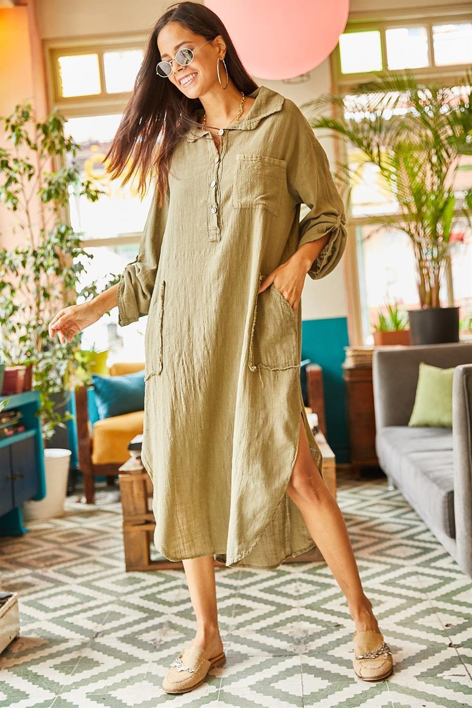 Cepli Kol Katlamalı Oversize Keten Elbise Haki
