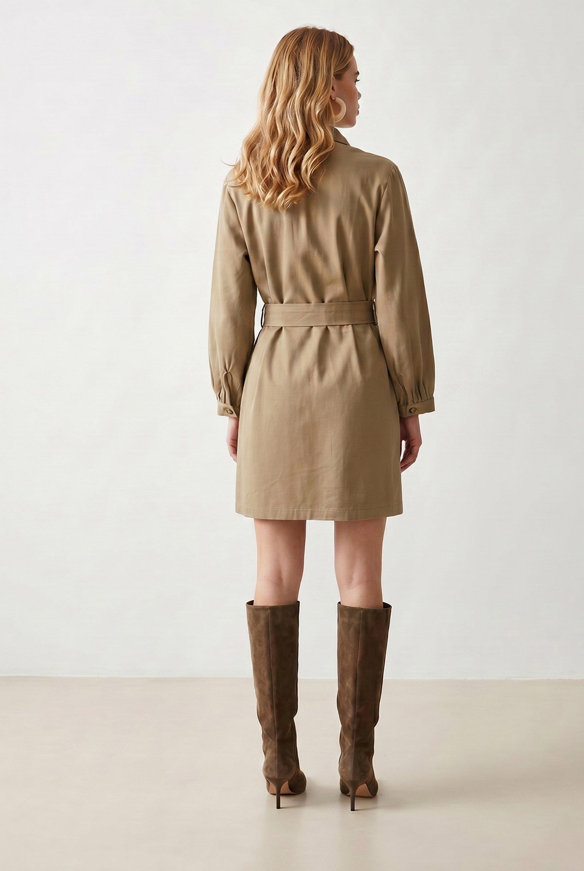 Cepli Kuşaklı Gabardin Gömlek Elbise Camel