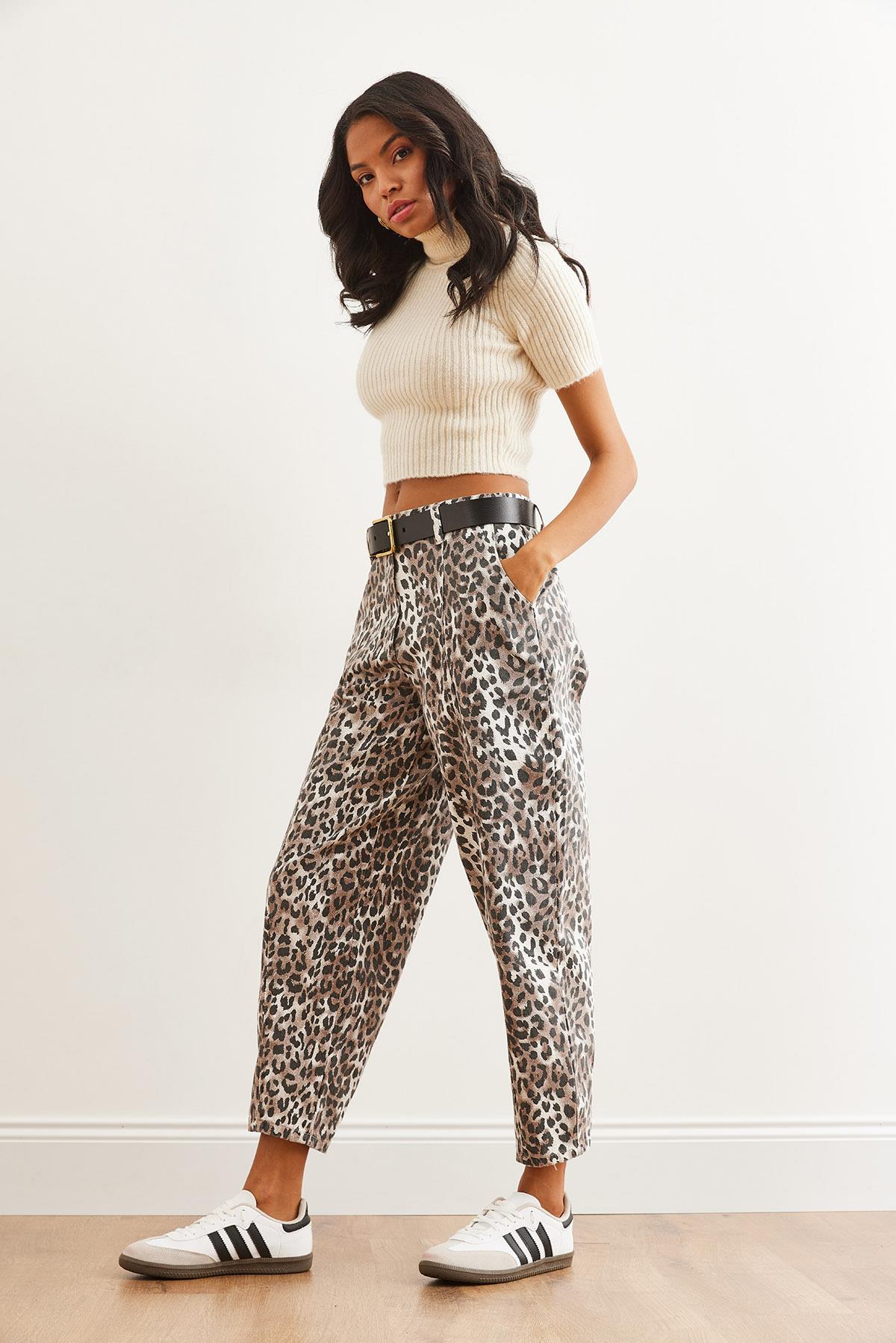 Cepli Leopar Balon Gabardin Pantolon Ekru Leopar