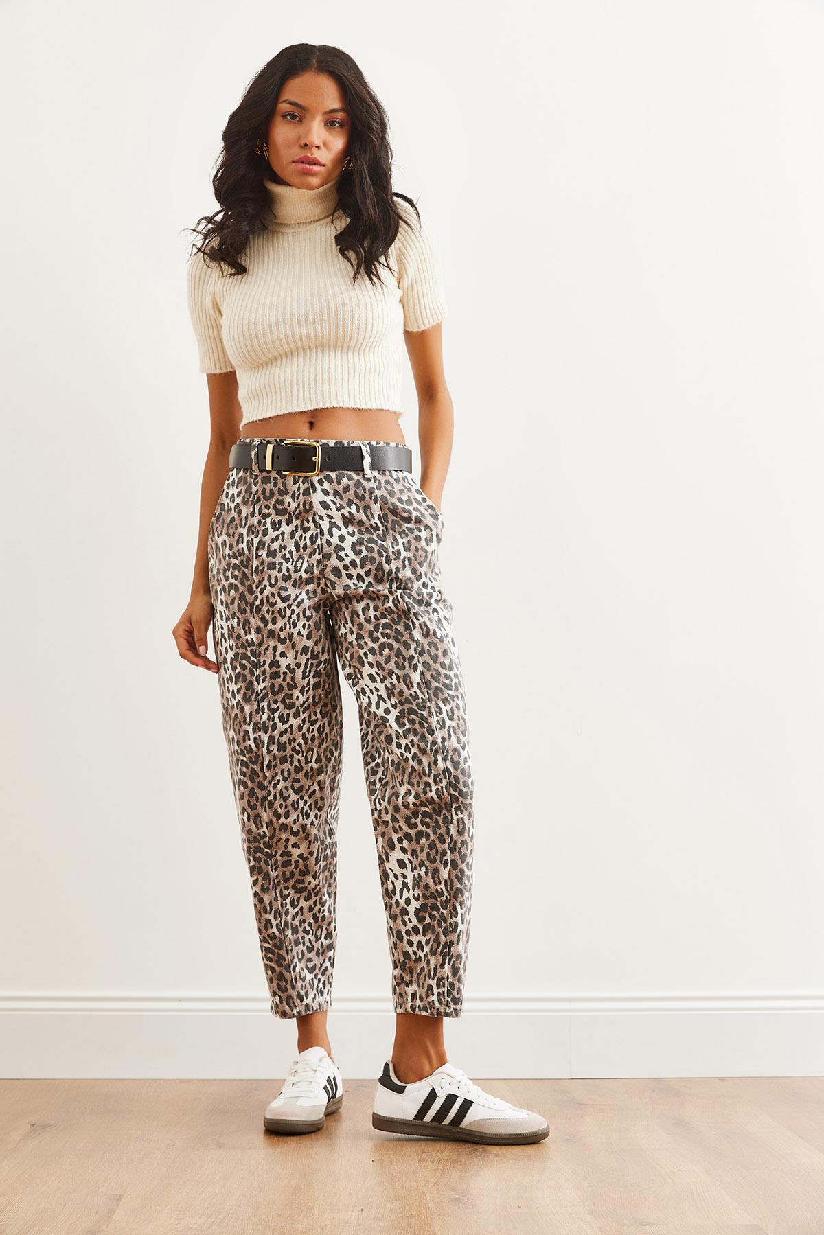 Cepli Leopar Balon Gabardin Pantolon Ekru Leopar