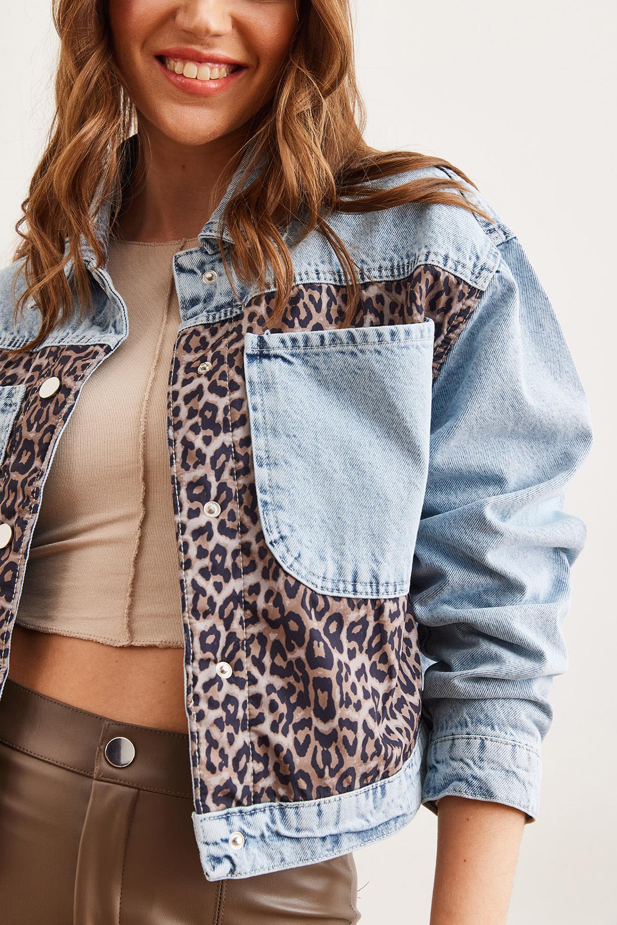Cepli Leopar Detaylı Premium Denim Ceket Mavi