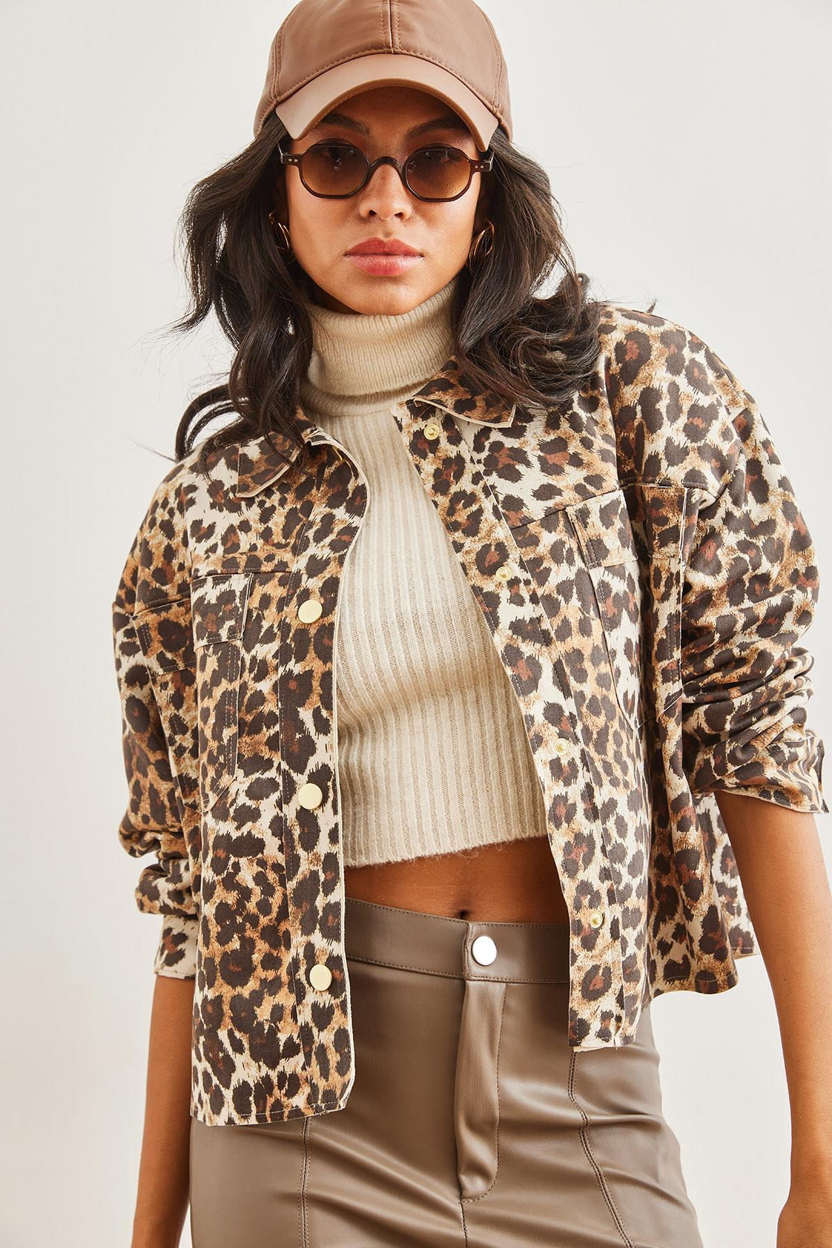 Cepli Leopar Süet Ceket Kahverengi