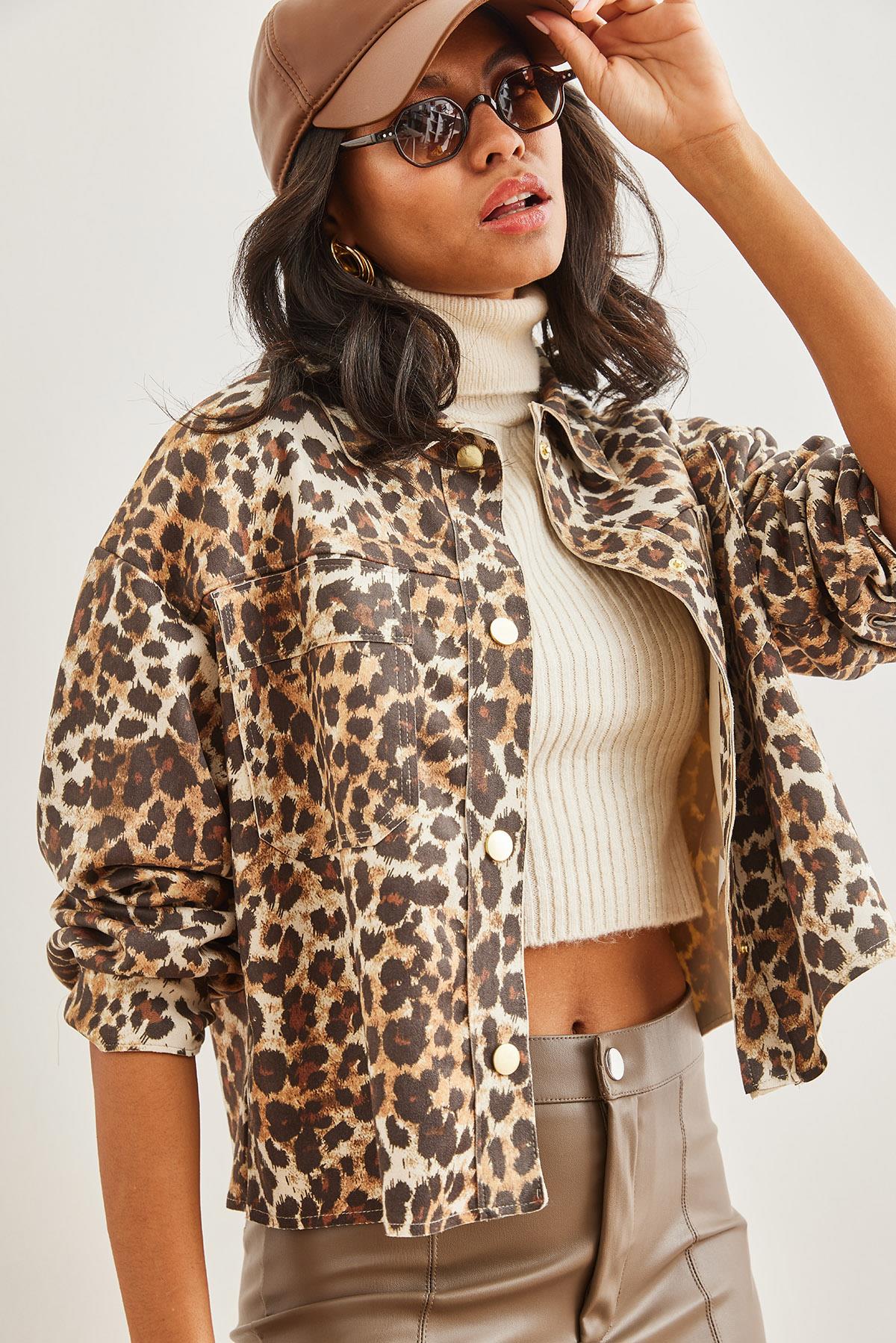 Cepli Leopar Süet Ceket Kahverengi