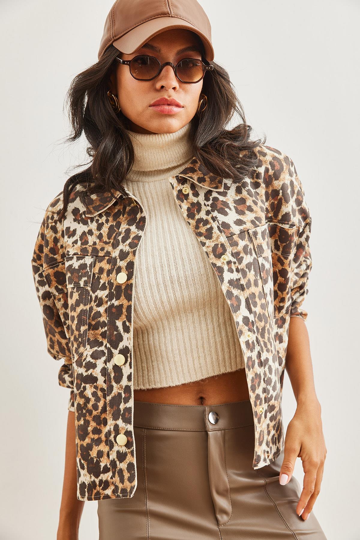 Cepli Leopar Süet Ceket Kahverengi