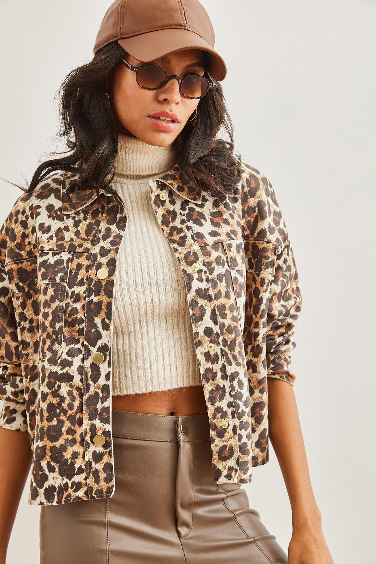 Cepli Leopar Süet Ceket Kahverengi