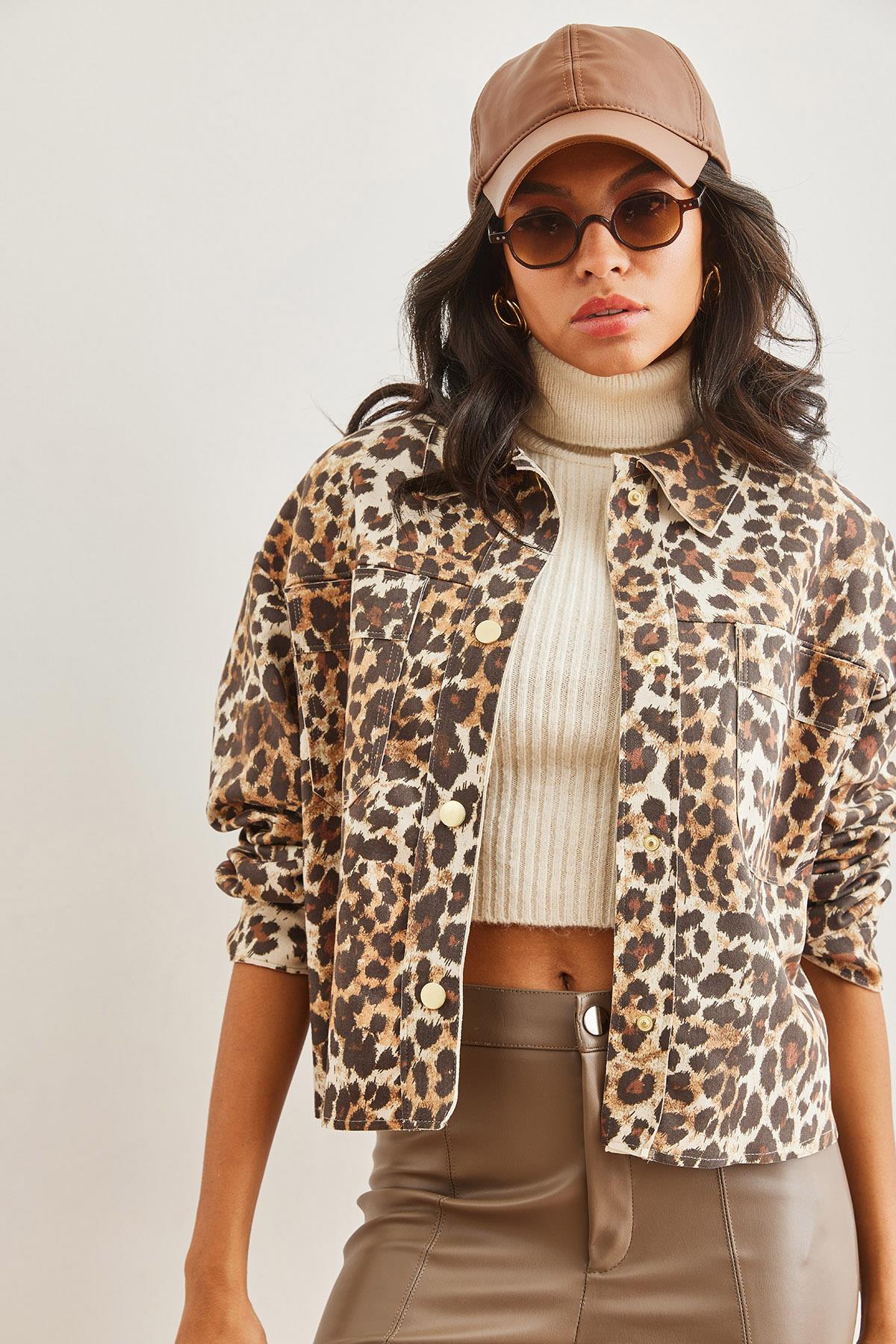 Cepli Leopar Süet Ceket Kahverengi