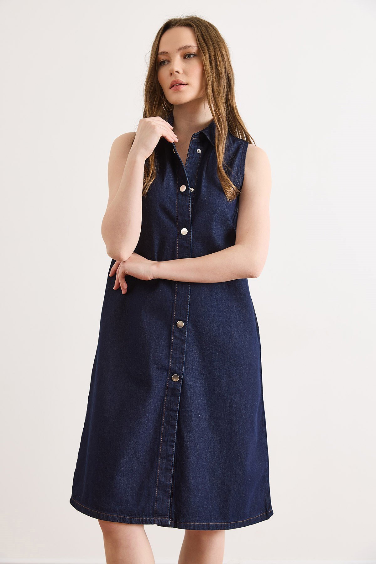 Cepli Mini Denim Gömlek Elbise Lacivert