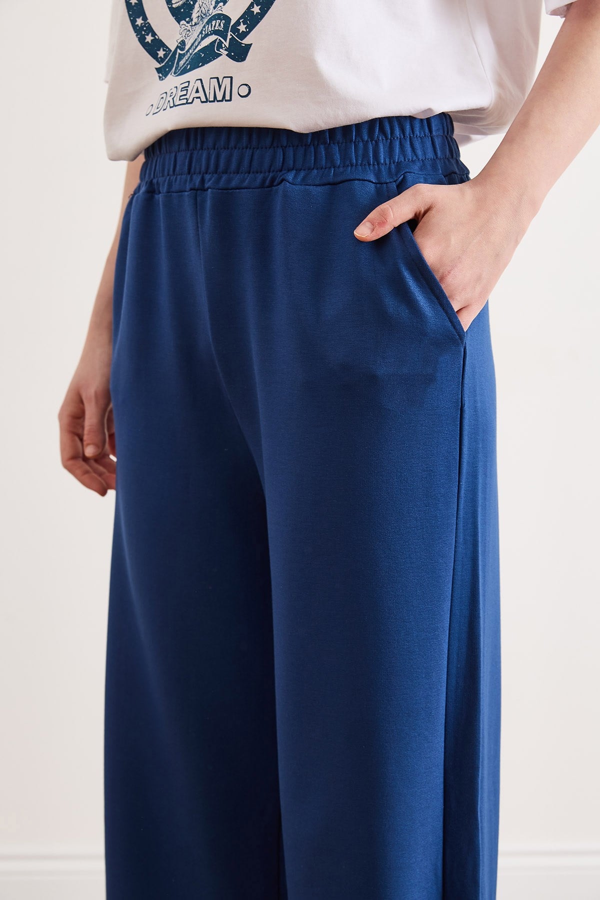 Cepli Modal Tuşeli Wide Leg Eşofman Altı Lacivert