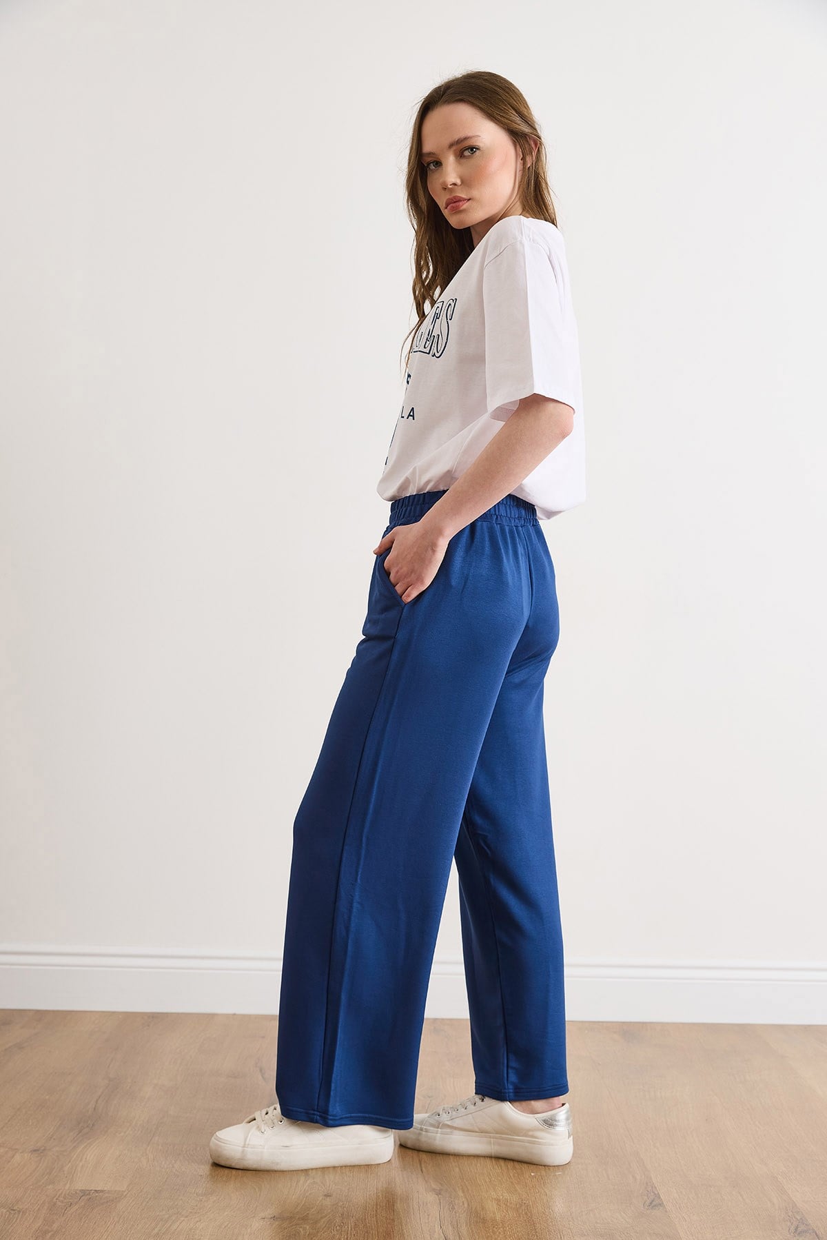 Cepli Modal Tuşeli Wide Leg Eşofman Altı Lacivert