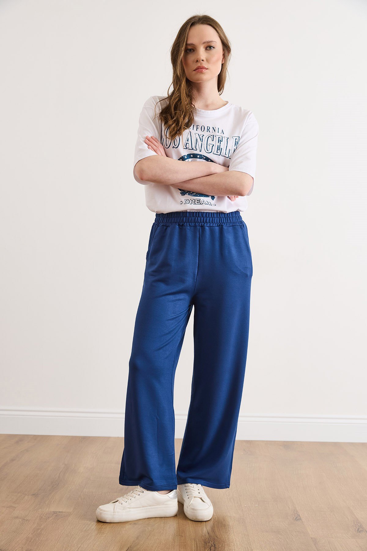 Cepli Modal Tuşeli Wide Leg Eşofman Altı Lacivert