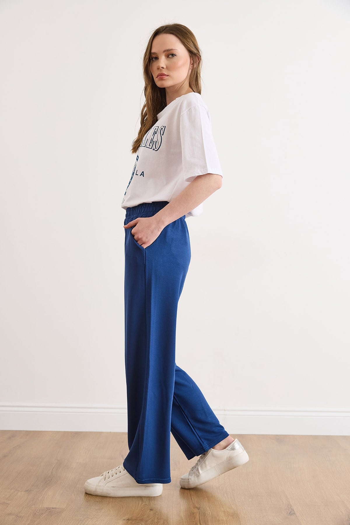 Cepli Modal Tuşeli Wide Leg Eşofman Altı Lacivert