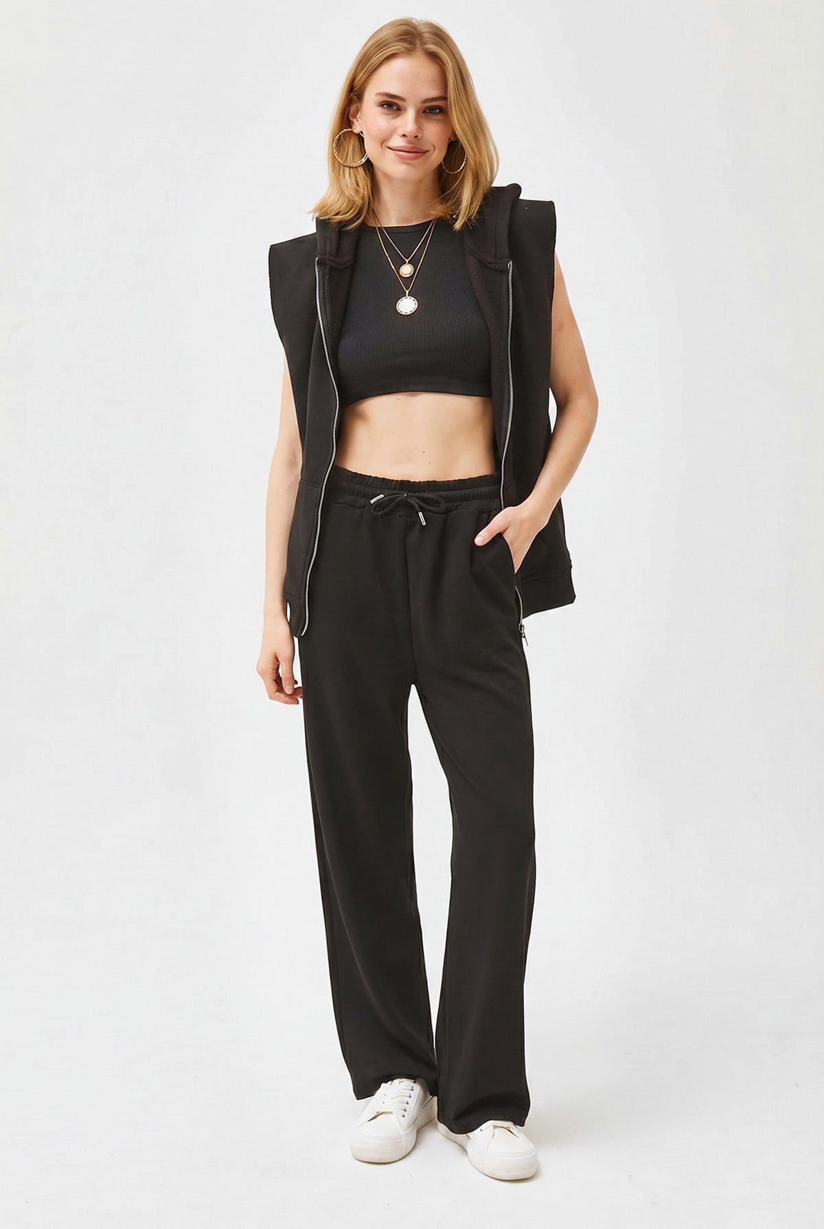 Cepli Modal Wide Leg Eşofman Altı Siyah