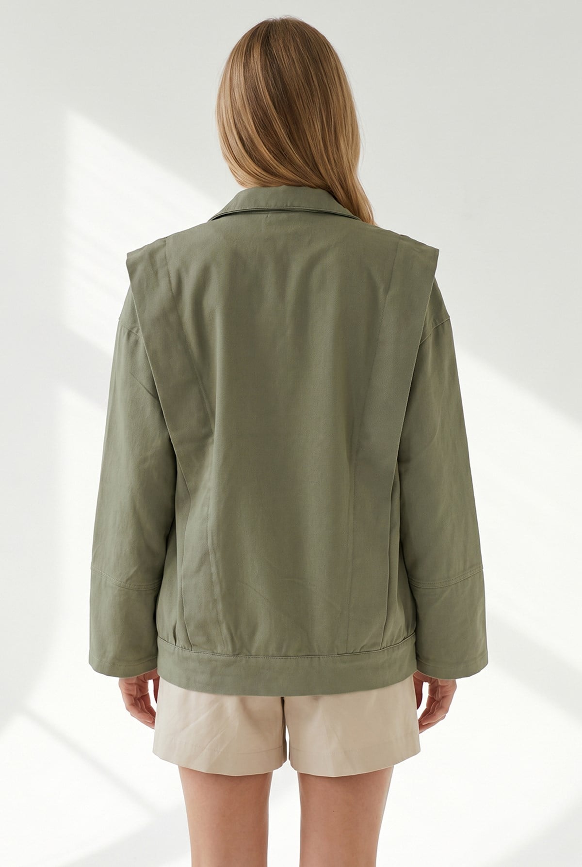 Cepli Omuz Detaylı Oversize Fermuarlı Gabardin Ceket Haki