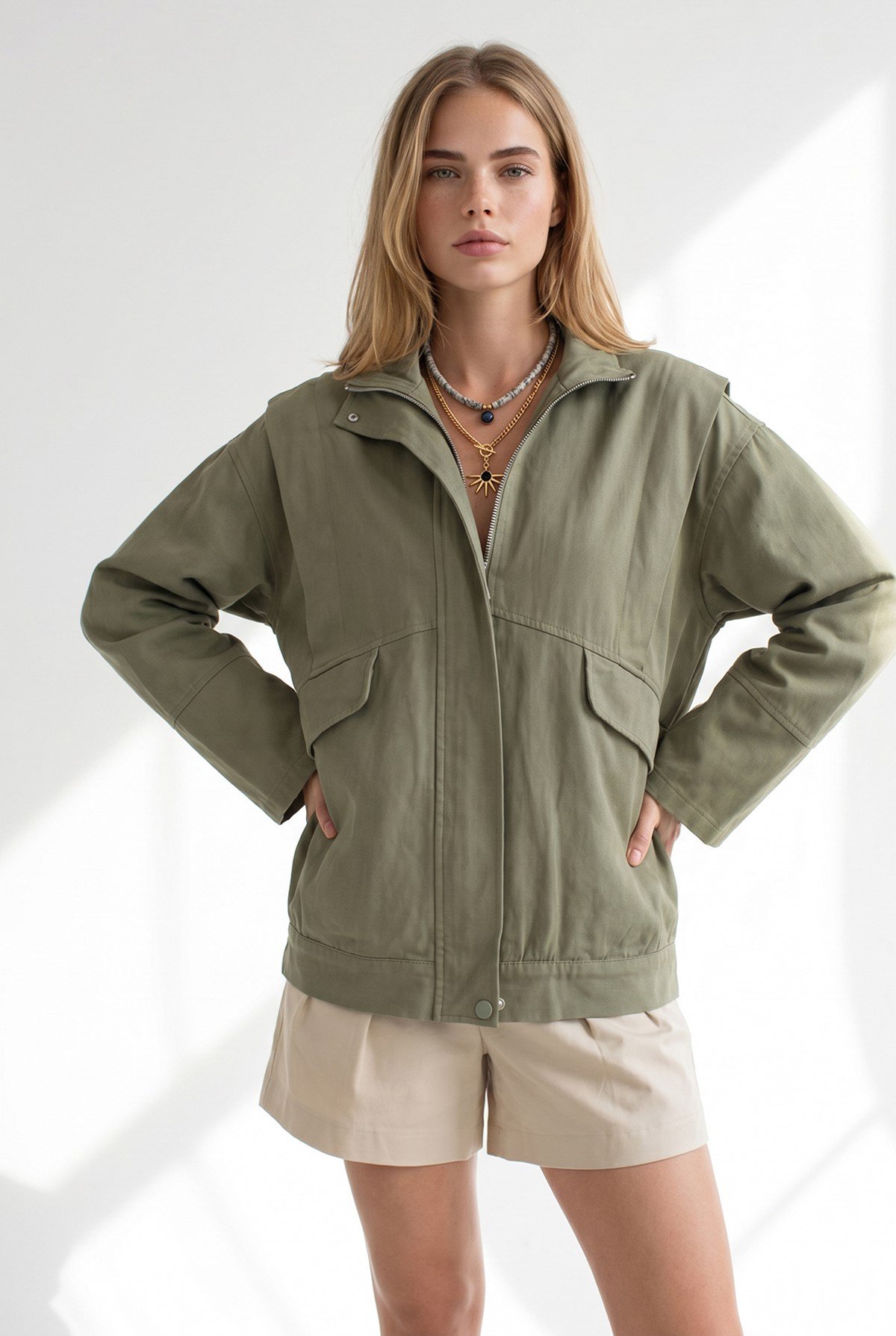 Cepli Omuz Detaylı Oversize Fermuarlı Gabardin Ceket Haki