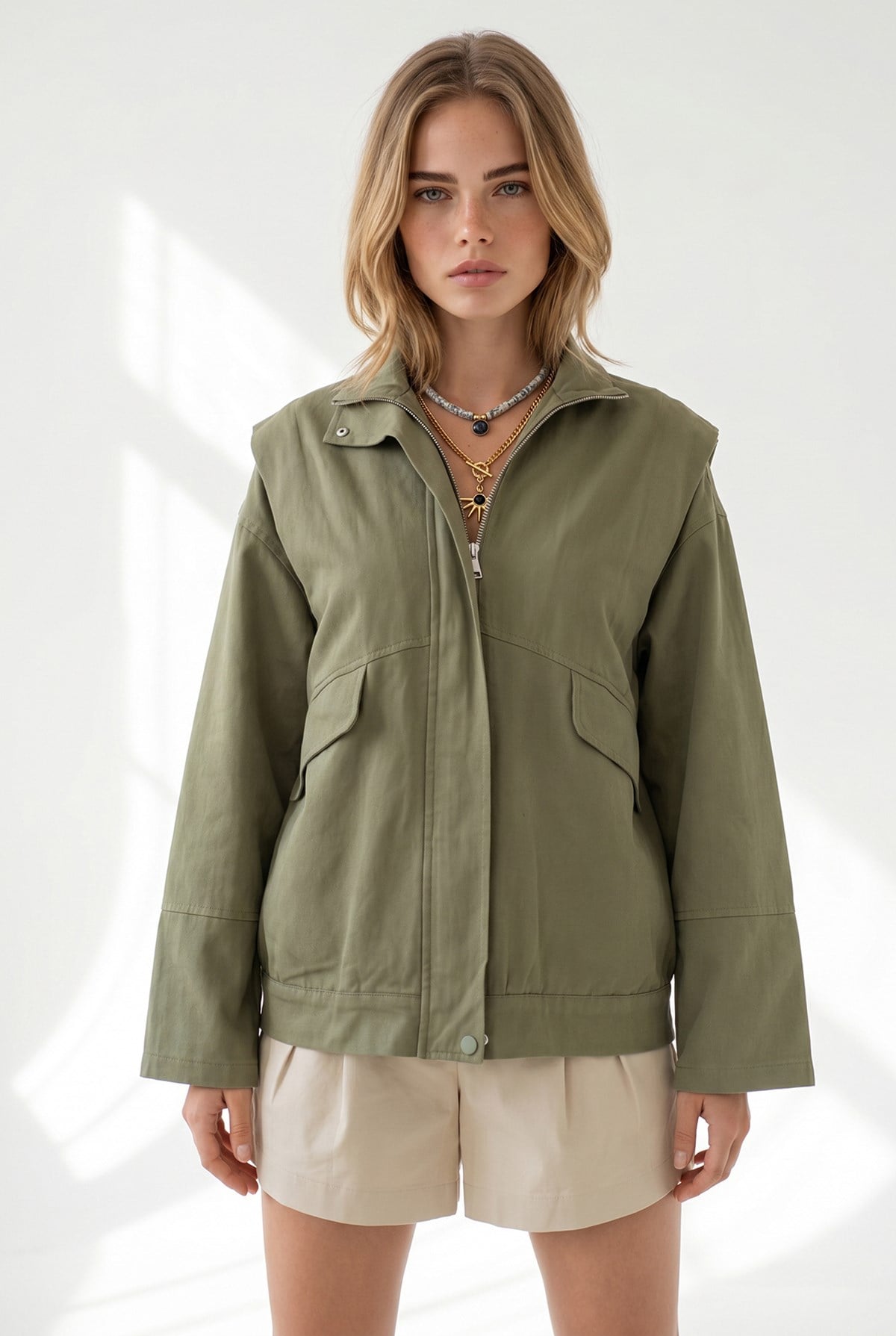 Cepli Omuz Detaylı Oversize Fermuarlı Gabardin Ceket Haki