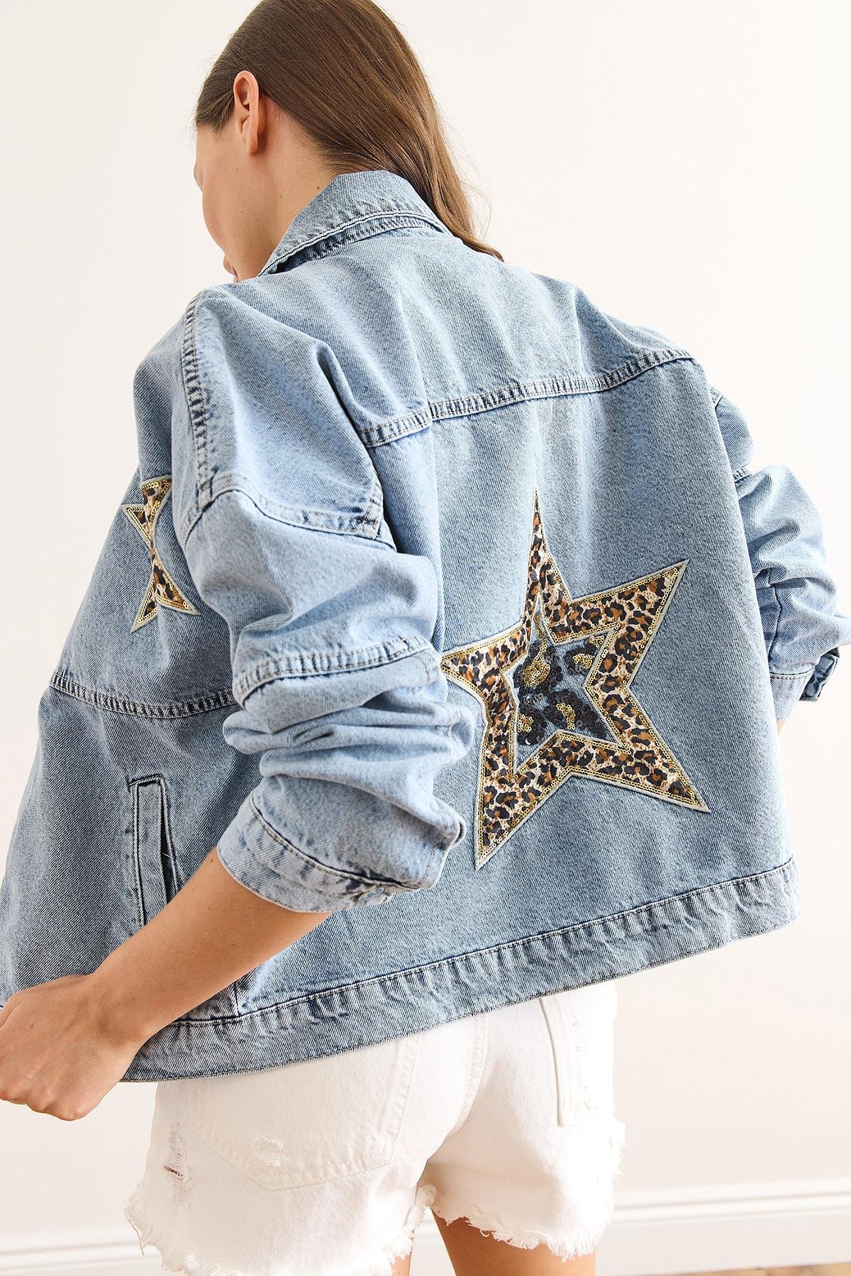 Cepli Ön Arka Leopar Yıldız Aplikeli Pamuk Denim Ceket Mavi