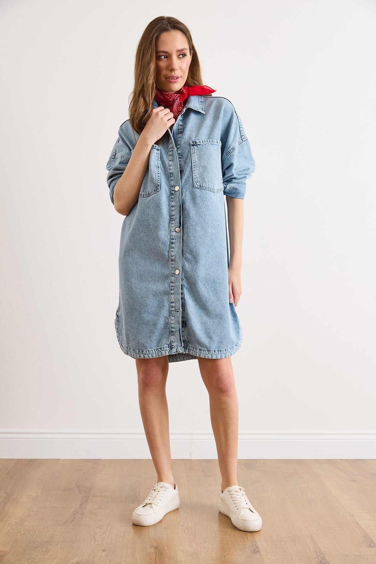 Cepli Oversize Yıkanmış Denim Tunik Elbise Açık Mavi