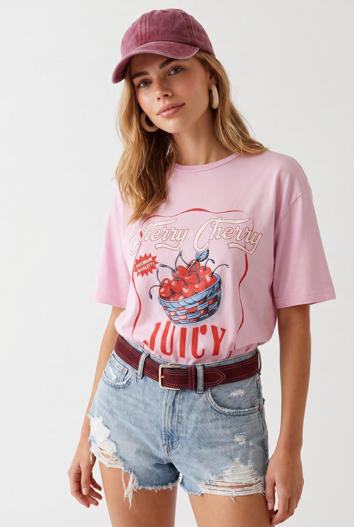 Cherry Juicy Loose Fit Pamuk Tişört Pembe