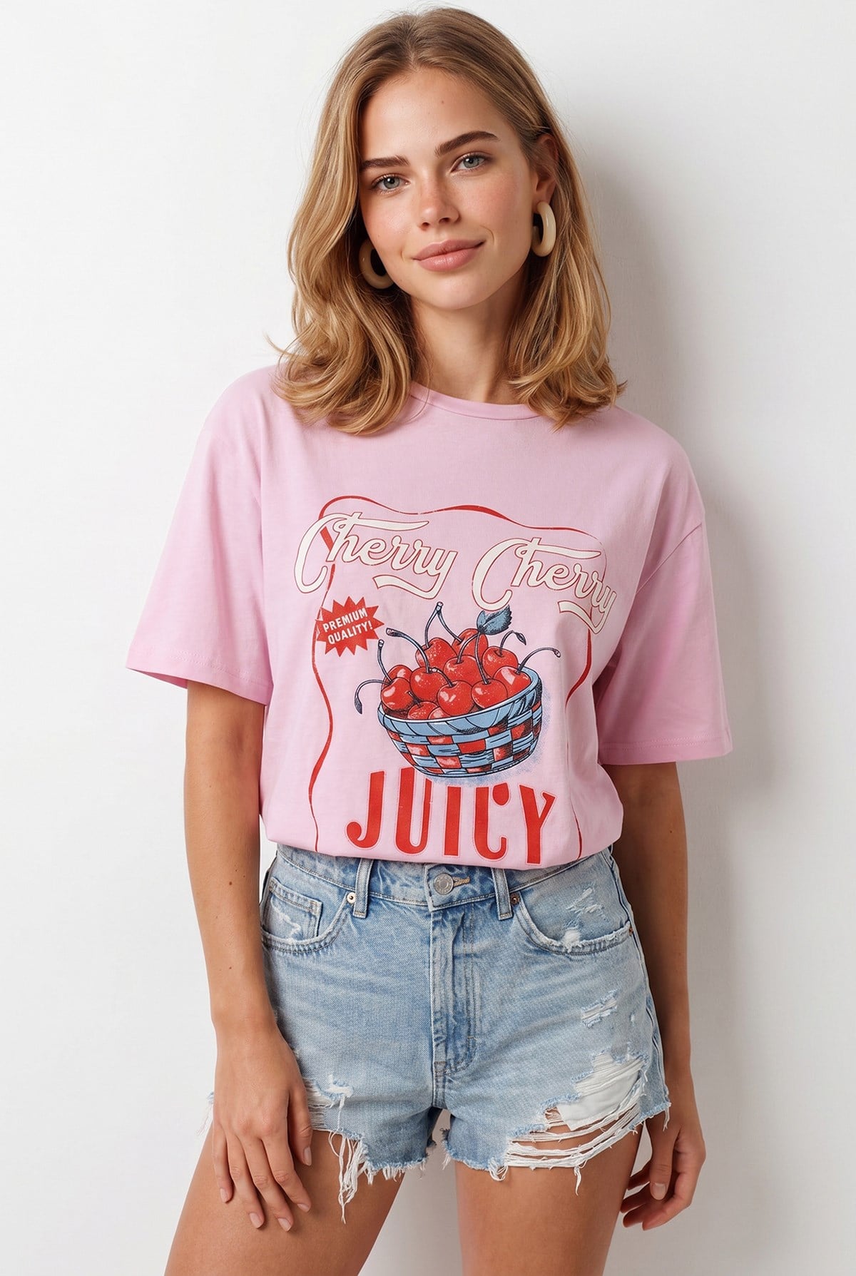 Cherry Juicy Loose Fit Pamuk Tişört Pembe