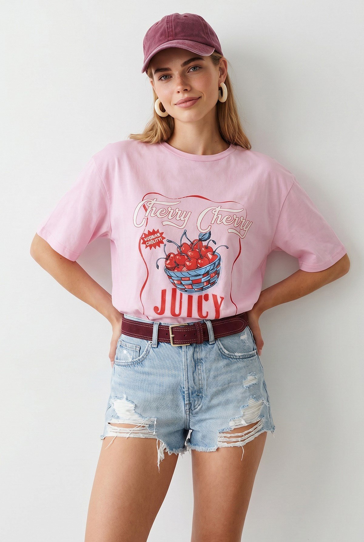Cherry Juicy Loose Fit Pamuk Tişört Pembe