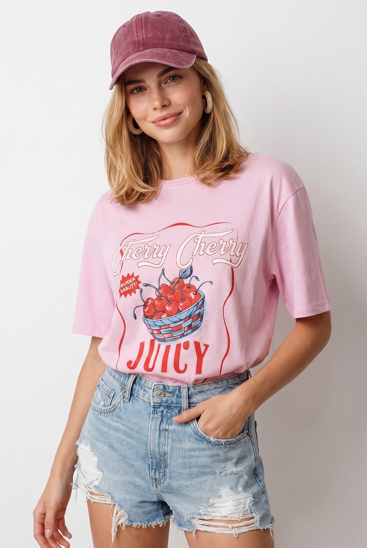 Cherry Juicy Loose Fit Pamuk Tişört Pembe