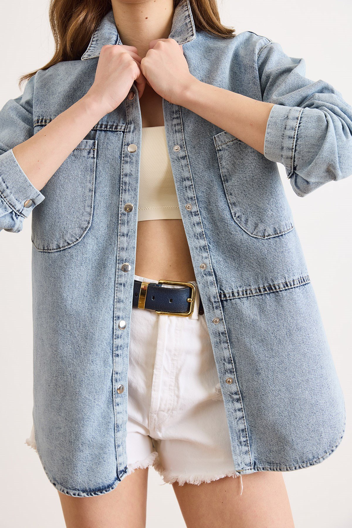 Çift Cepli Çıtçıt Kapama Denim Gömlek Ceket Açık Mavi