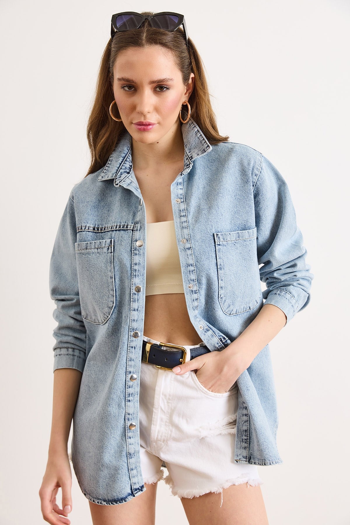 Çift Cepli Çıtçıt Kapama Denim Gömlek Ceket Açık Mavi