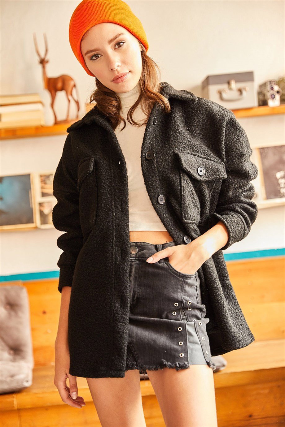 Çift Cepli Düğmeli Astarsız Buklet Ceket Siyah