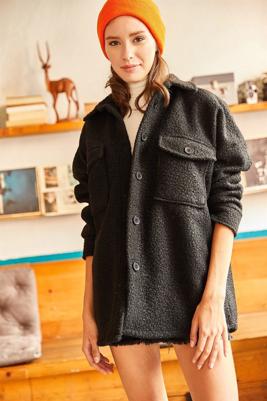 Çift Cepli Düğmeli Astarsız Buklet Ceket Siyah