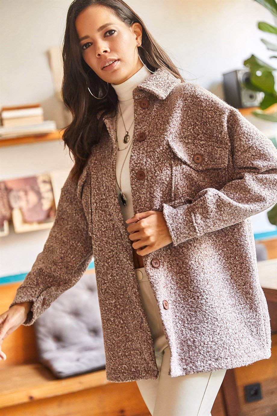 Çift Cepli Düğmeli Astarsız Buklet Ceket Kahverengi