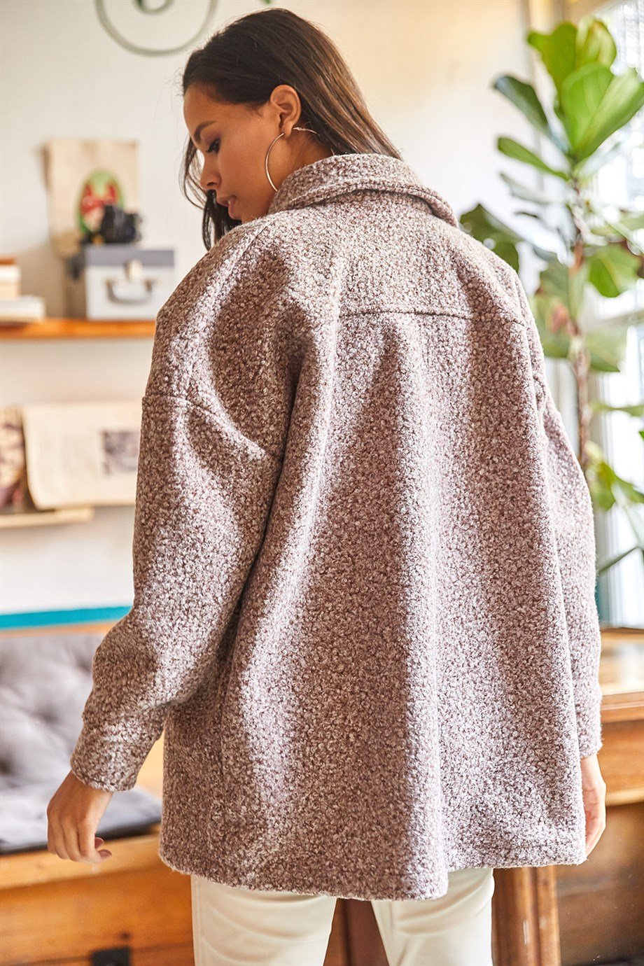 Çift Cepli Düğmeli Astarsız Buklet Ceket Kahverengi