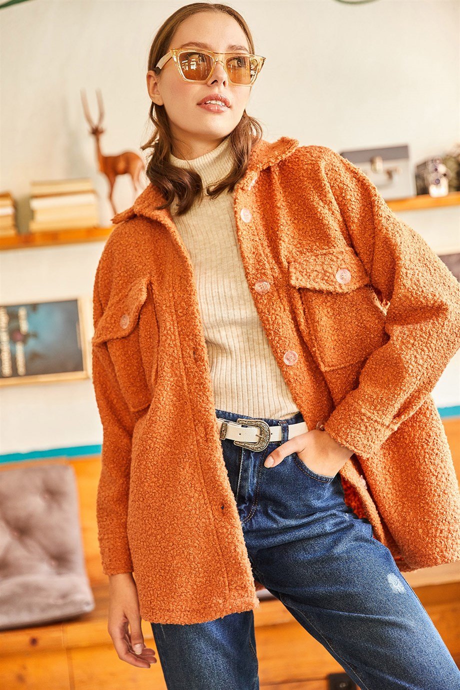 Çift Cepli Düğmeli Astarsız Buklet Ceket Kiremit