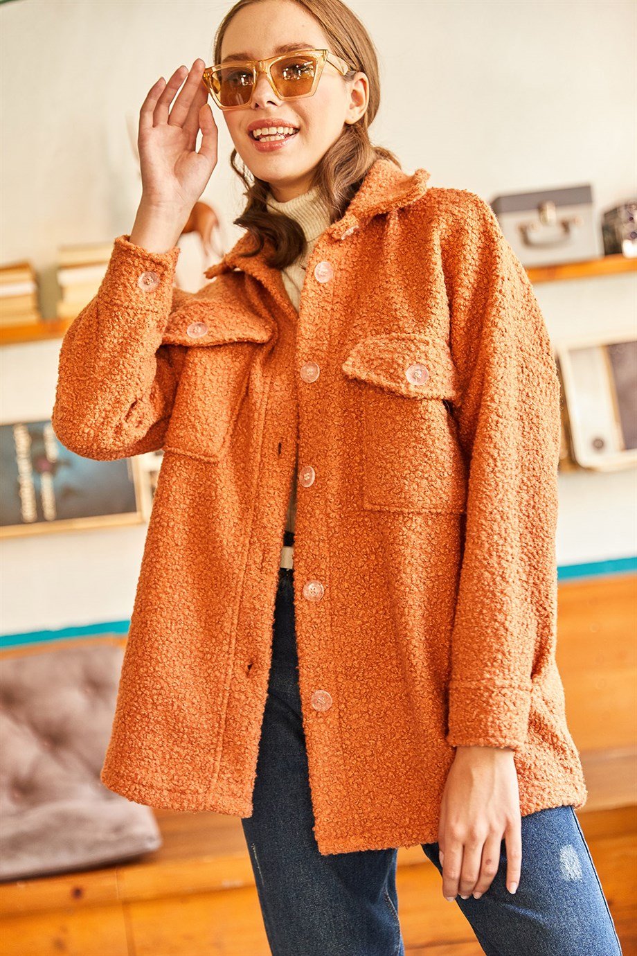 Çift Cepli Düğmeli Astarsız Buklet Ceket Kiremit