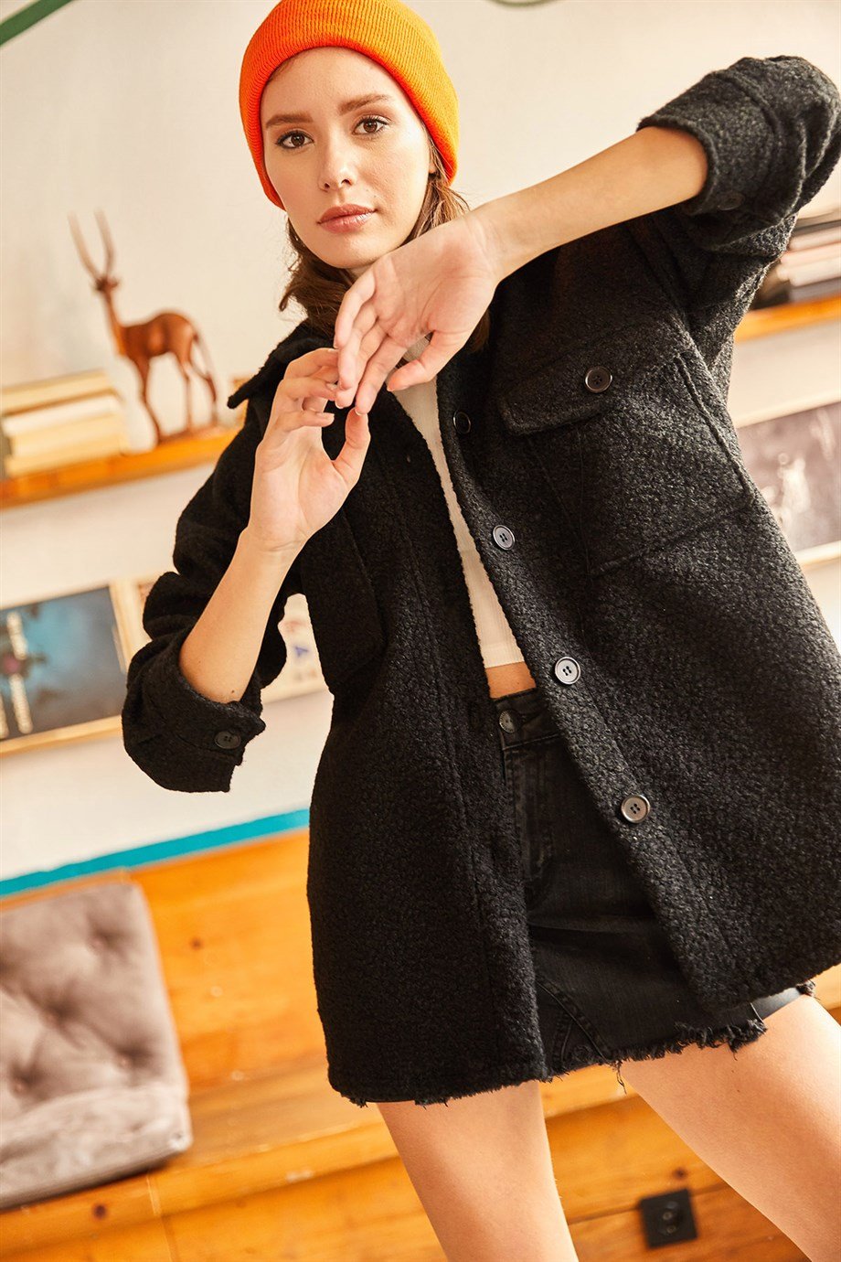 Çift Cepli Düğmeli Astarsız Buklet Ceket Siyah