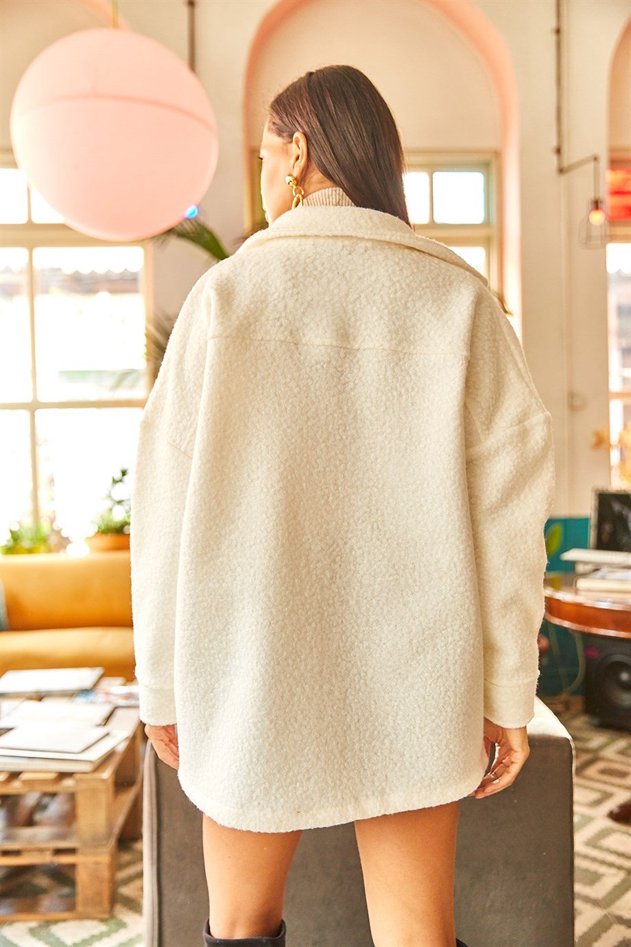 Çift Cepli Düğmeli Astarsız Buklet Ceket Beyaz