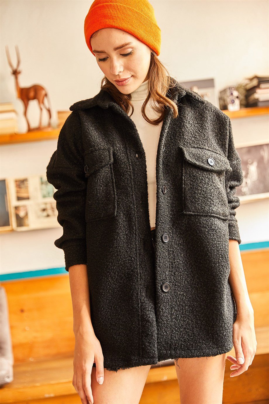 Çift Cepli Düğmeli Astarsız Buklet Ceket Siyah