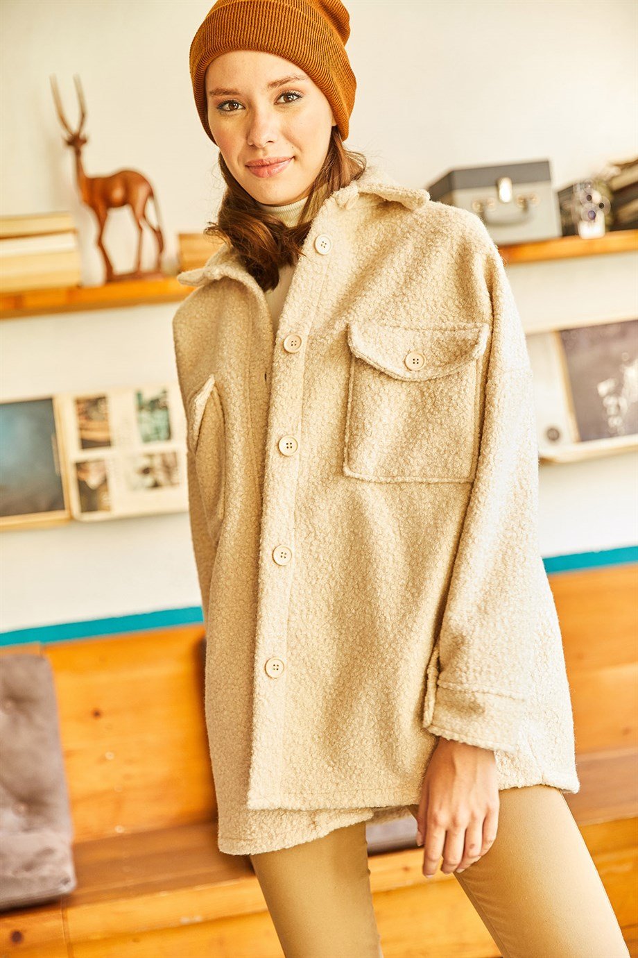 Çift Cepli Düğmeli Astarsız Buklet Ceket Taş